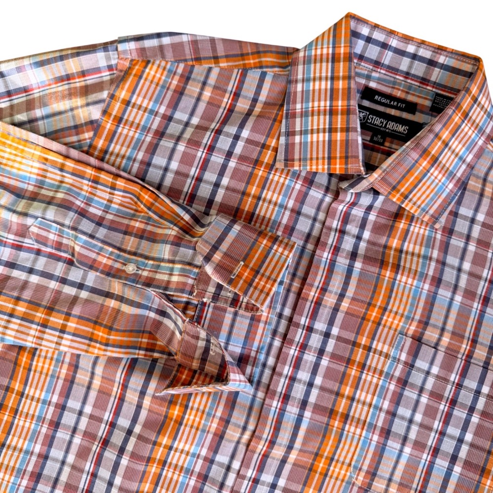 Stacey Adams Regular Fit Mens Plaid Collared Shirt French Cuff Business 16-32/33